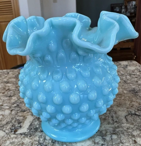 Fenton ( UNMARKED ) Blue Turquoise Milk Glass Hobnail Ruffled Vase