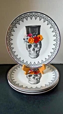 Set of 4 Harvest Green Studio 10.5" Dinner Plates Skull Top Hats Flowers