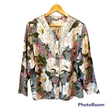 Vintage Venezia Blouse Womens Floral Crochet Lace Shirt Pearl Coquette Romantic 