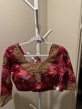 Red Embroidered Women's Choli Blouse with Gold Detailing and 3/4 Sleeves