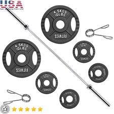 2 Inch Cast Iron Weight Plate Set W/ Olympic Barbell  Clips Strength Training