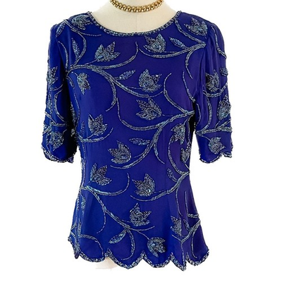 #ad #ad Landa vintage 100% silk floral beaded scalloped hem zip back blouse size small S $48.00