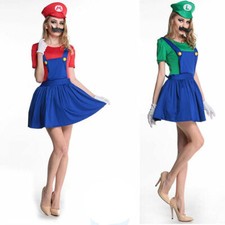 Women Adult Super Mario and Luigi Fancy Dress Plumber Bros Halloween Costume Set
