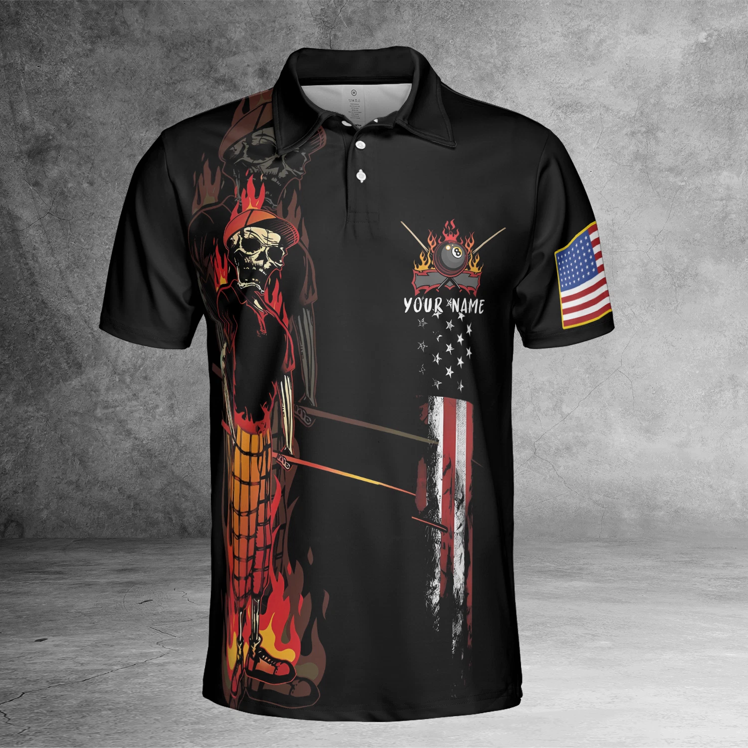 Custom Bones 8 Ball American Flag Billiards Skull, Cool Skeleton 3D Polo Shirt