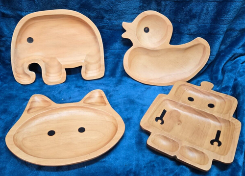 Petits Et Maman Kids Wood Tray Elephant Robot Duck Fox Plate Lot of 4