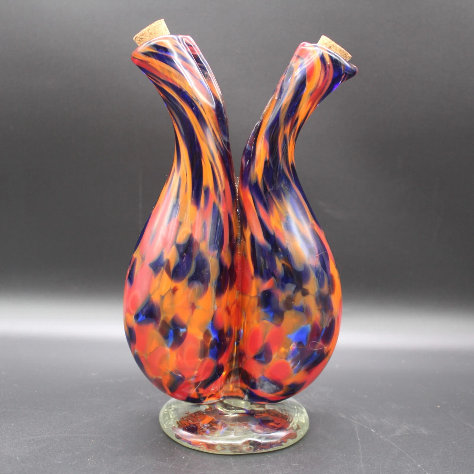 The Glass Forge 2022 Signed Hand Blown Art Glass Oil & Vinegar Double Cruet 8"