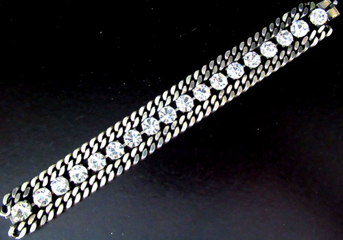 Sparkling Ice Rhinestone Heavy Silver Tone Chain Link Vintage Bracelet