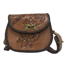 Vintage Stamped Brown Leather Micro Purse Gold embellishments long Adjustable St