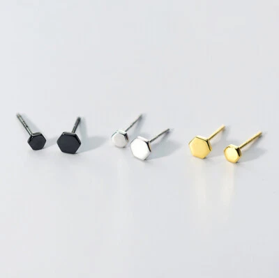 Kleine Ohrstecker Sechseck Geometrisch Silber 925 Damen Herren Schwarz - Bild 1 von 4