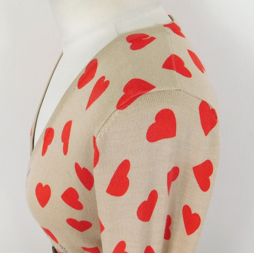 Ji Fang Beige Red Heart Print Cat Cardigan Size S/M Button Front Kawaii Novelty - Picture 5 of 7