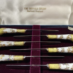 Vintage FINE SHEFFIELD CUTLERY  Knives Set of 6 w/ Floral Porcelain Handles