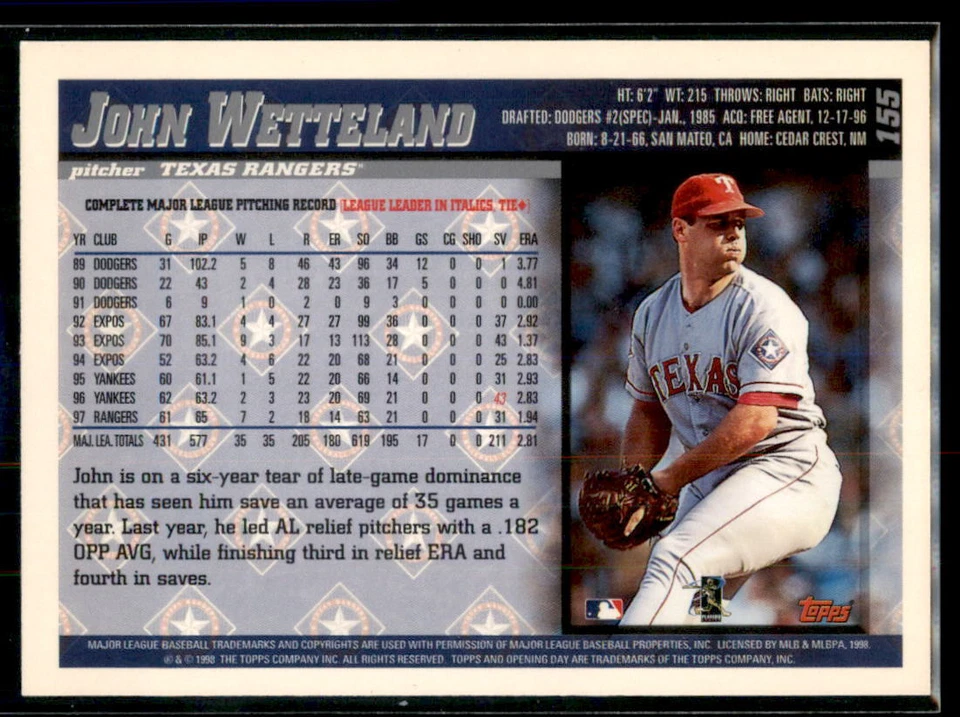 1998 Topps Opening Day John Wetteland #155 Texas Rangers - Image 2 of 2