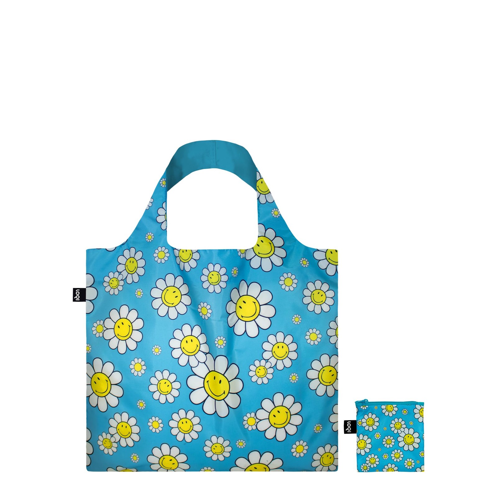 LOQI Smiley Flowers Aquarius Recycled Small Bag, Aqua Blue, Contemporary, Aqua B