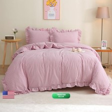 Silnuo Vintage Pink/White Gingham Plaid Ruffle Duvet Cover Set Queen Size