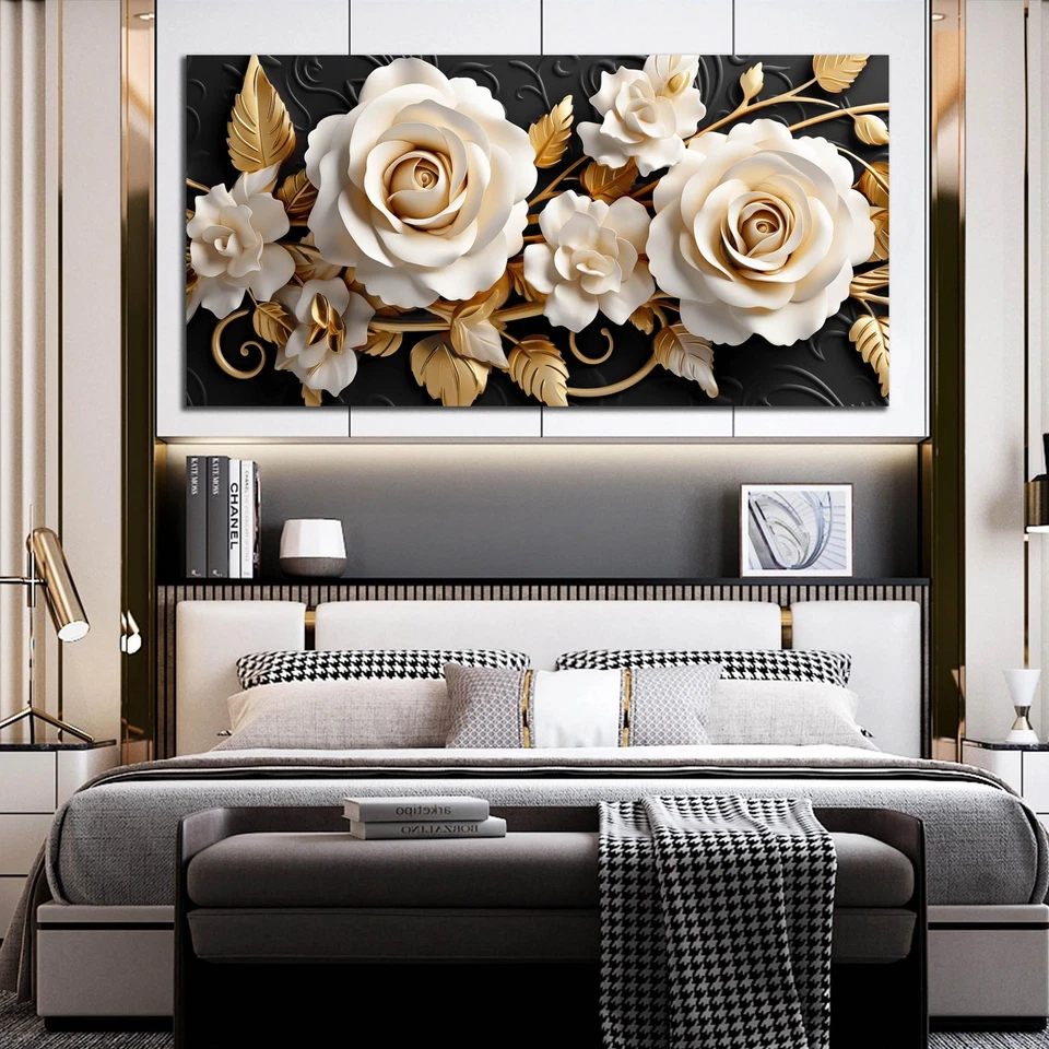 Arte de pared de lienzo grande con flores para sala de estar dormitorio hogar oficina blanco y listo... Foto 2 de 4