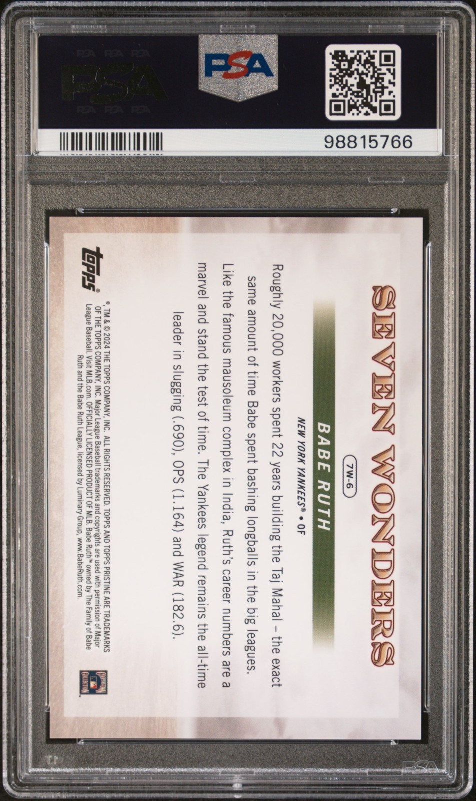 2024 Topps Pristine #7W-6 Babe Ruth Seven Wonders Red Refractor /5 PSA 10 view 2
