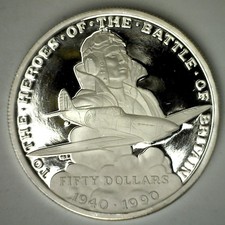 1990 MARSHALL ISLANDS $50 Dollars Spitfire Battle of Britain Silver Proof Coin