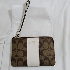 NEW Coach Corner Zip Wristlet Wallet PVC Leather Signature Logo Khaki  Chalk