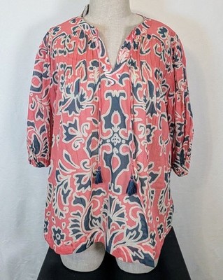 Philosophy Women s Blouse 2X Coral Blue Print 100% Cotton Tassel NWT