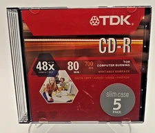 TDK CD-R 5 Pack in Snap N Save Case 52x 80 Min 700 MB NEW 