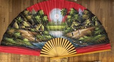 Vintage Large 50  x35  Oriental Asian Hand Painted Folding Wall Hanging Decor Fan