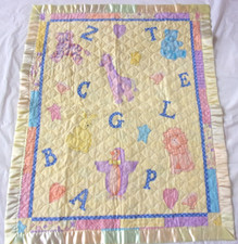 Vintage handmade quilted baby ABC animals gender neutral yellow blanket 42"x34"