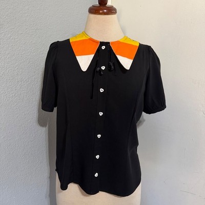 Social Collision Women Small Candy Corn Collar Heart Button Blouse Black Witchy