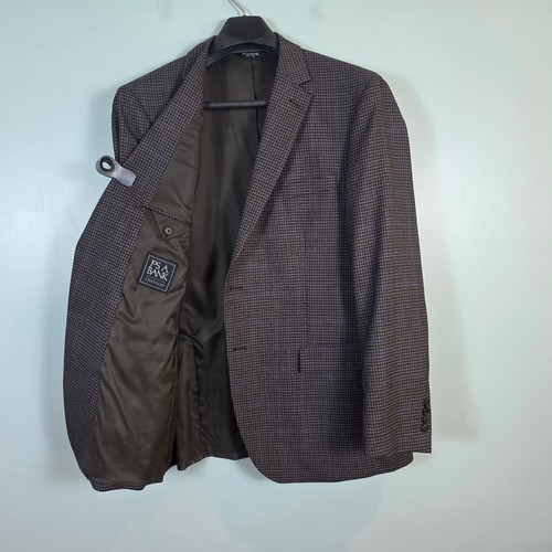 Jos A Bank Traveler Jacket 46L Mens Brown Blue Houndstooth 100% Wool Blazer 46 L
