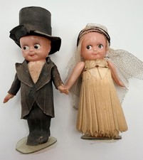Antique 1920s Celluloid Kewpie 4  Bride Groom Cake Topper Japan Paper Clothing