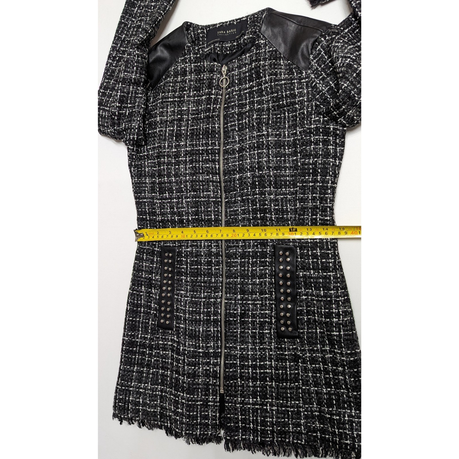 ZARA Studded Faux Leather Frayed Tweed Jacket Women's Size XS