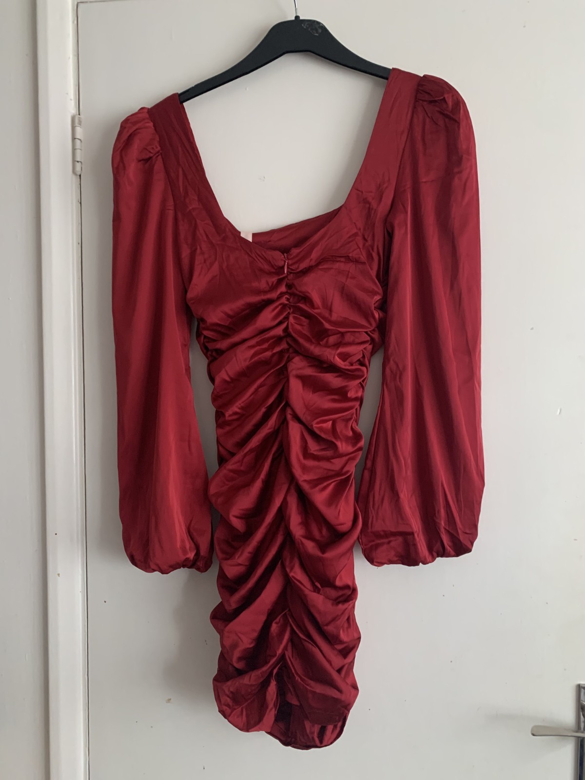 OH POLLY PRECIOUS JEWEL RED SATIN RUCHED BODYCON LONG SLEEVED  MINI DRESS SIZE 8 image 5