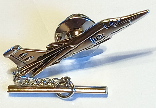 Vtg Pewter F-15 Fighter Jet Tie Tack Pin T-Bar Chain Mens Military Pilot Jewelry