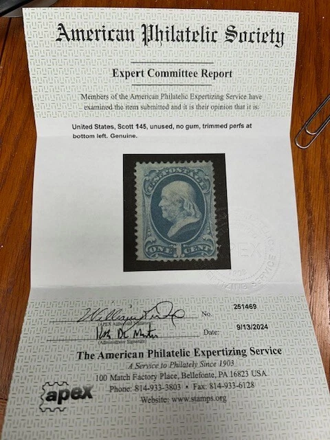 sello de Estados Unidos Scott #145 sin usar algunos perfs recortados (abajo a la izquierda)) certificado PF. Foto 4 de 4