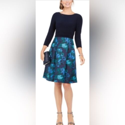 Jessica Howard Size 6 Petite Navy Blue Dress Floral Bodice Fit & Flare Party