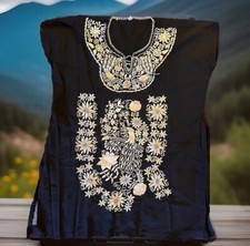 Mexican Boho Embroidered Dress XL/XX Party Light Gold Beige Black New Cotton