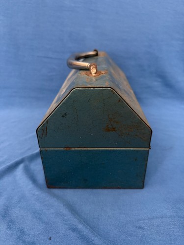 Vintage Metal Lunch Box Pail Blue Hammered Steel Finish w/Chrome Handle Lunchbox - Picture 4 of 13