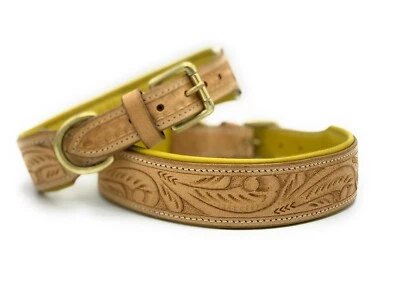 AUTUMNN EQUESTRIAN HAND CARVED LEATGER DOG COLLAR VEGETABLE TAN LUXURY LEATHER DOG COLLAR