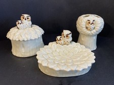 VTG Norcrest Owls Vanity Set Toothbrush Holder Soap Dish Trinket Storage W/ Lid