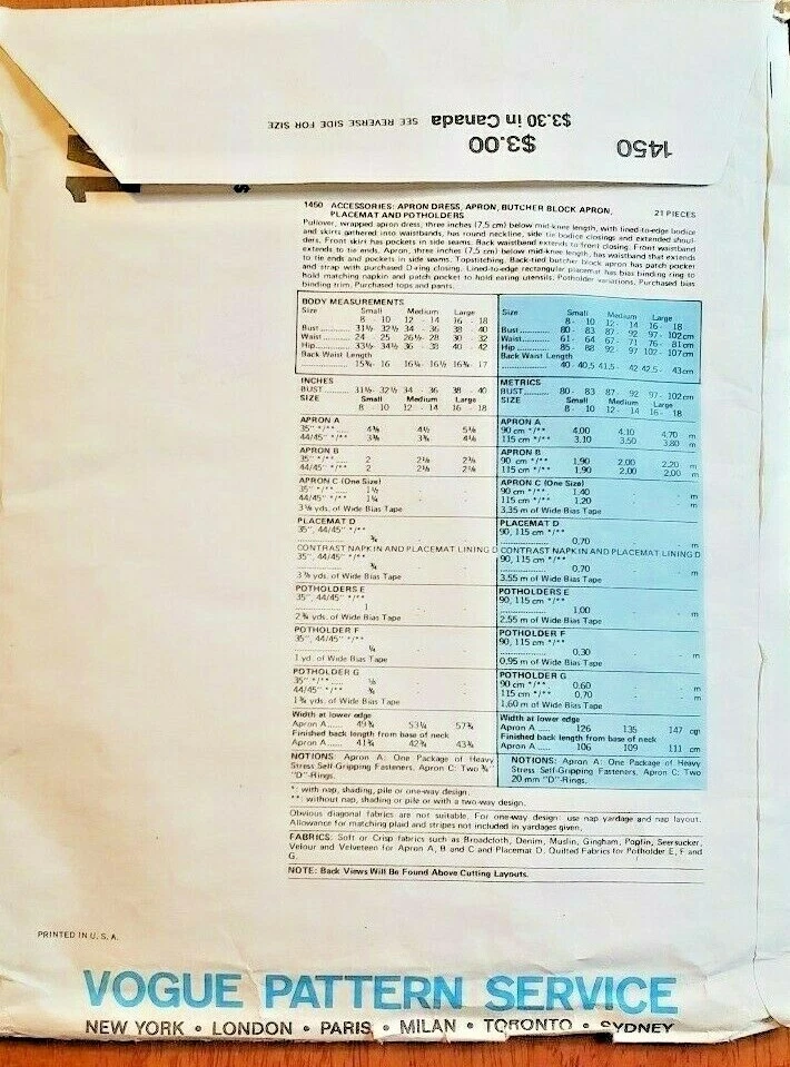 UNCUT Vintage Vogue Patterns #1450 Kitchen - Aprons, Placemat & Potholders - Image 3 of 4