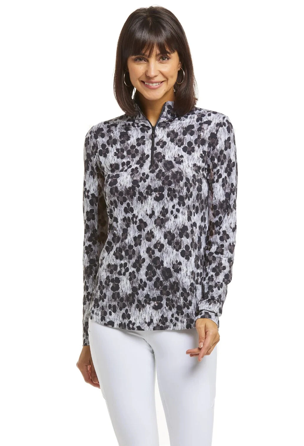 IBKUL Le Leopard Mock Neck Top Size S M Long Sleeve Black Gray Women Golf Shirt