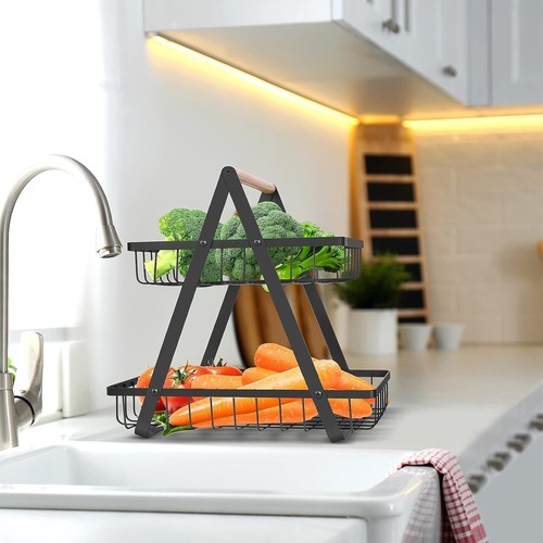 2 Tier Countertop Fruit Basket Portable,Detachable Metal Rectangle Storage - Picture 3 of 11