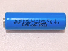 1  ICR 14500 Li-ion 800mAh Rechargeable Battery 3.7v BUTTON TOP MFG 06/2022
