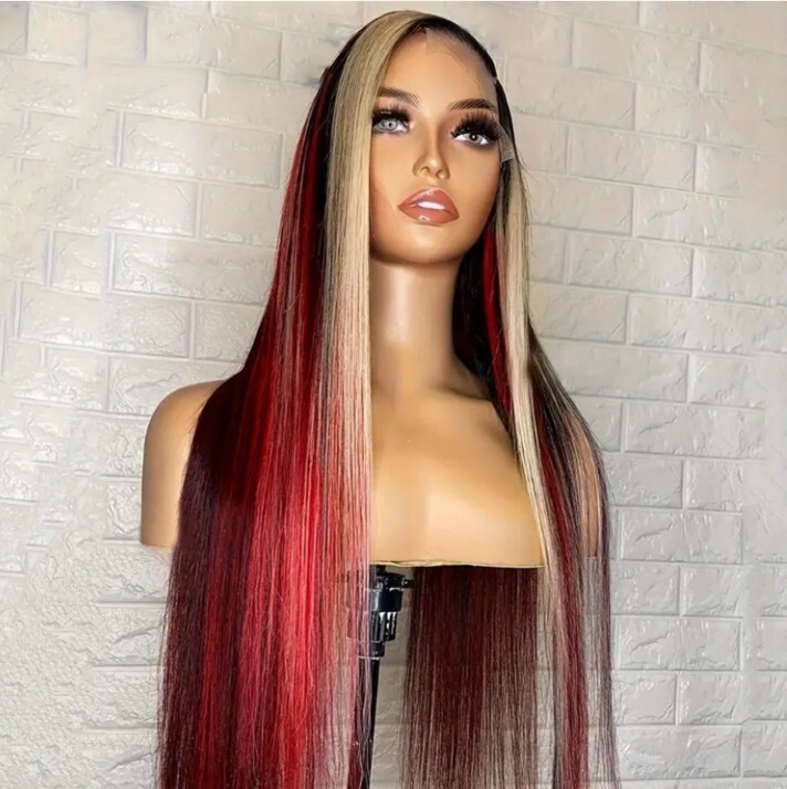 13*4 Lace front wig Skunk Stripe Wigs Black Red Blonde Highlights