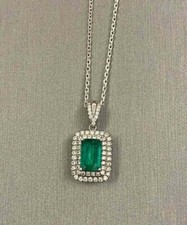2.00CT Emerald  Diamond Halo Pendant Necklace 14K White Gold Plated Lab Created
