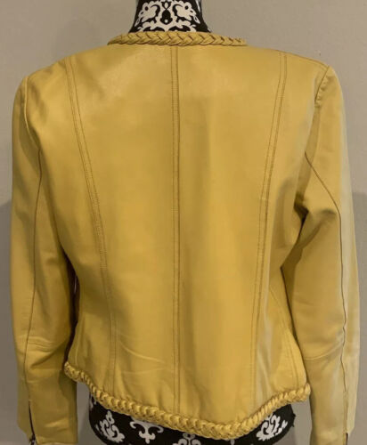 VTG 90’s Cache Women’s Yellow Genuine Leather Zipped Up Short Moto Jacket 8 - Picture 2 of 12