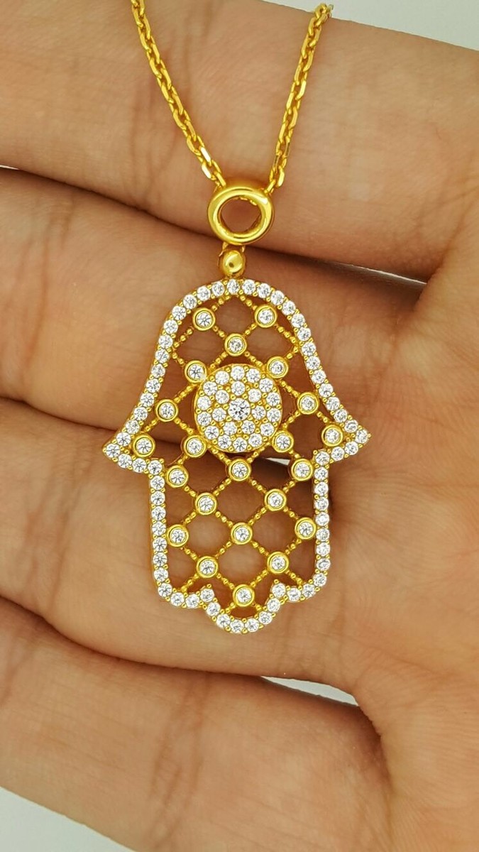 21K 22K SOLID YELLOW GOLD CUBIC ZIRCONIA HAMSA GOD HAND PENDANT - Main Image