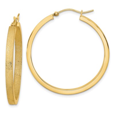 Real 14kt Yellow Gold Polished and Brushed Hoop Earrings