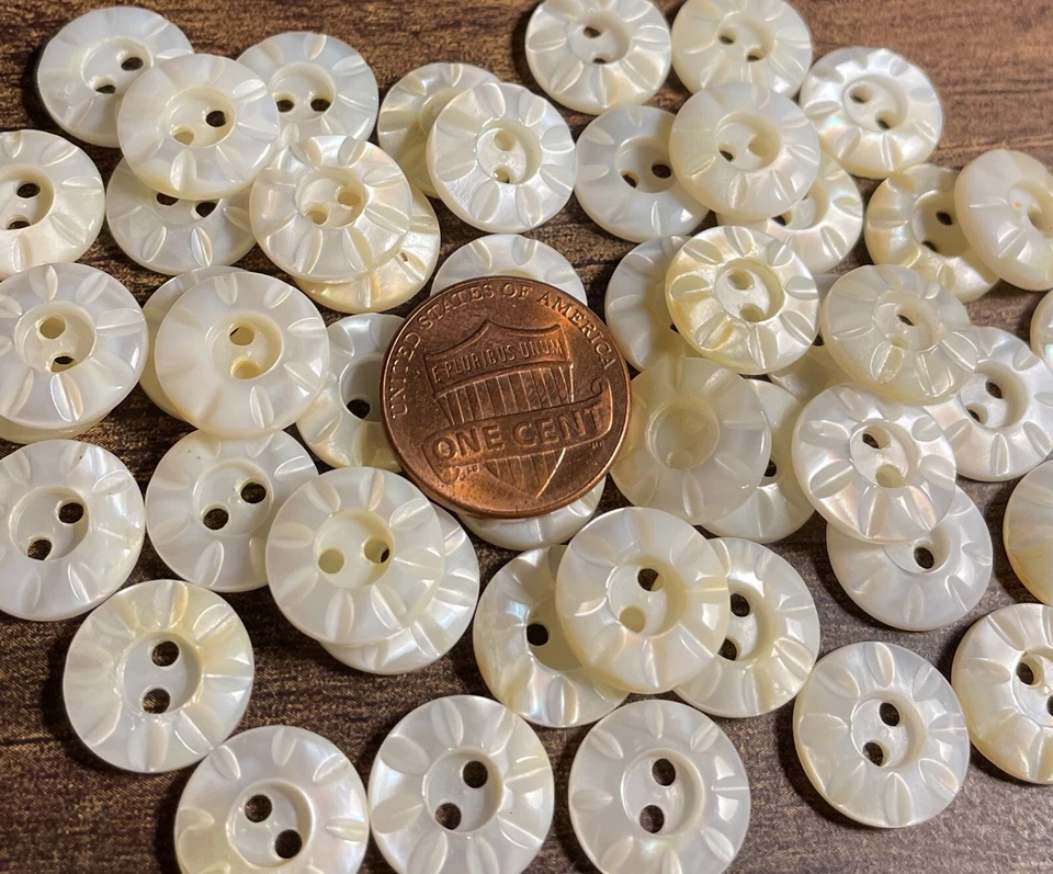 6 Fabulous NOS Iridescent Carved River Pearl MOP Buttons 12mm Almost 1/2" 14939 - Image 2 of 4