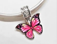 PINK ENAMEL BUTTERFLY SILVER BAIL EUROPEAN BRACELET CHARM BEAD & POUCH!