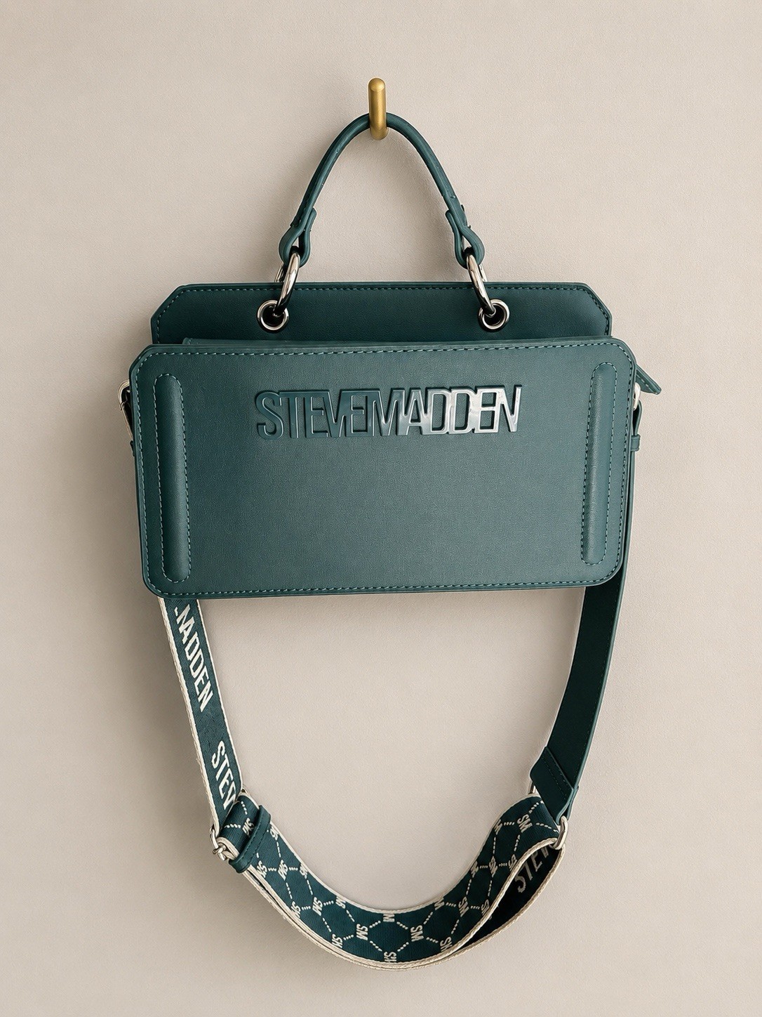 Steve Madden Green Logo Strap Medium Crossbody Top Handle Zip Bag Silver